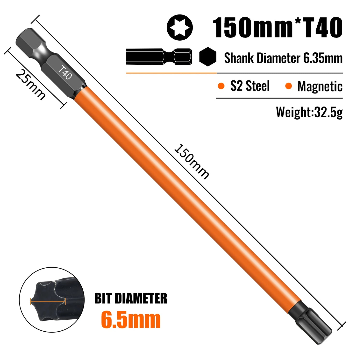 Torx Screwdriver Bits Set Individual Bits T5-T40 75/100/150mm Lengths Strong Magnetism High Hardness S2 Alloy Steel 1/4Hex Shank