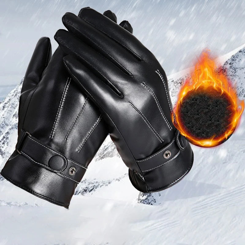 Men's Faux Leather Winter Gloves - Button Cuff Windproof Gloves - photo 2