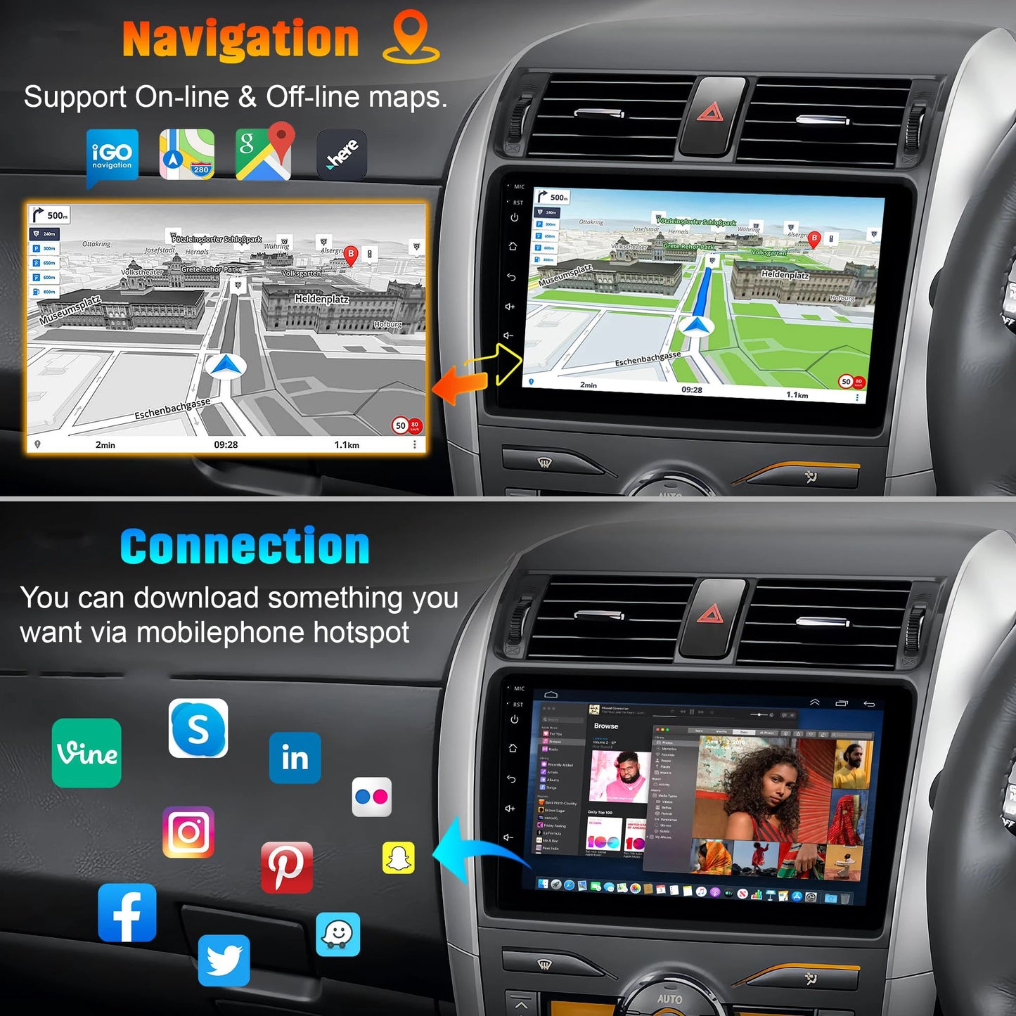 9" Car Stereo with Apple CarPlay & Android Auto, Compatible with Toyota Corolla (2009-2013)