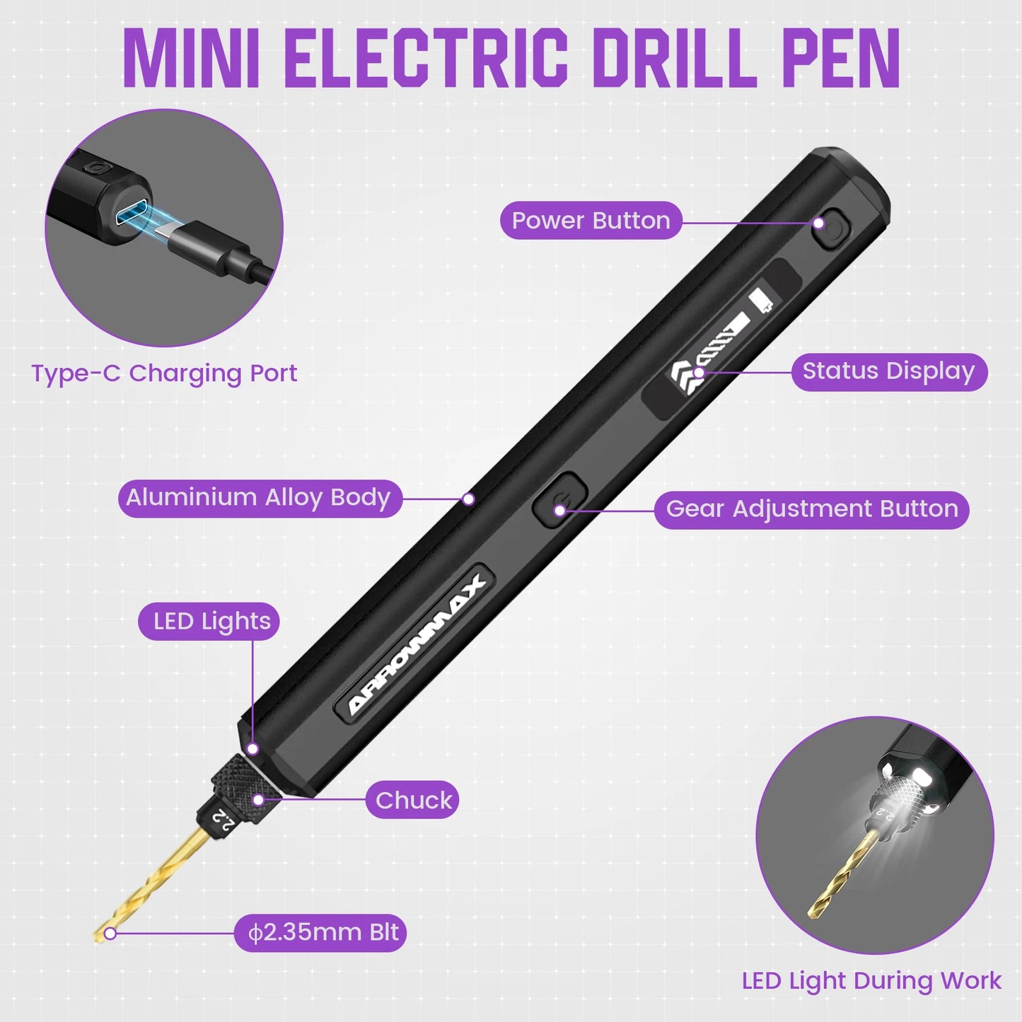 MMAlto ARROWMAX SDS Mini Precision Drill – Cordless Electric Micro Drill | 900RPM | 10 Titanium Bits | USB-C | For PCB, Wood, Metal, Plastic DIY