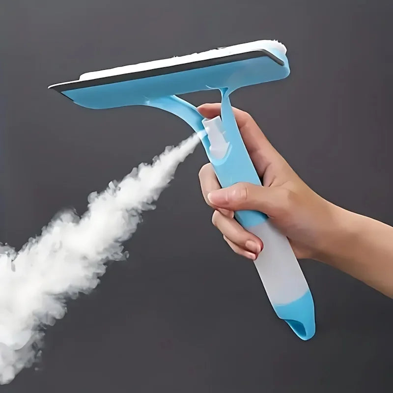 3-in-1 Window Cleaning Tool - Handheld Sprayer, Squeegee & Scrubber for Glass, Mirrors, Showers, No-Drip Design (Blue, 10-inch)