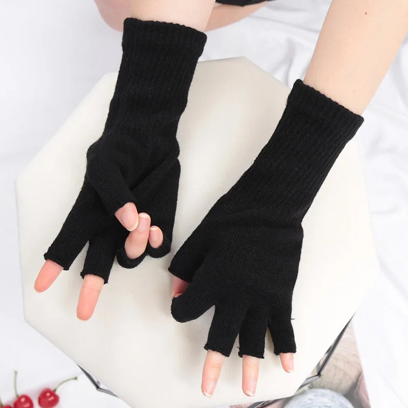 Unisex Black Knit Fingerless Gloves - Winter Driving & Writing Gloves