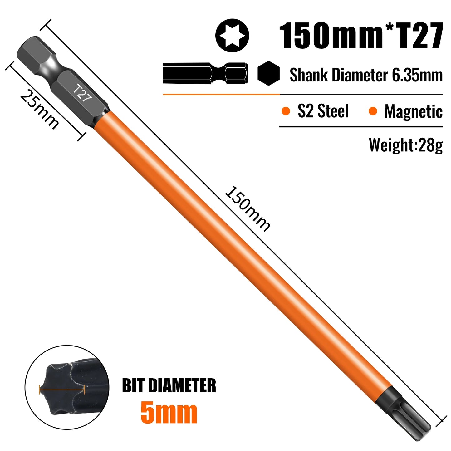 Torx Screwdriver Bits Set Individual Bits T5-T40 75/100/150mm Lengths Strong Magnetism High Hardness S2 Alloy Steel 1/4Hex Shank
