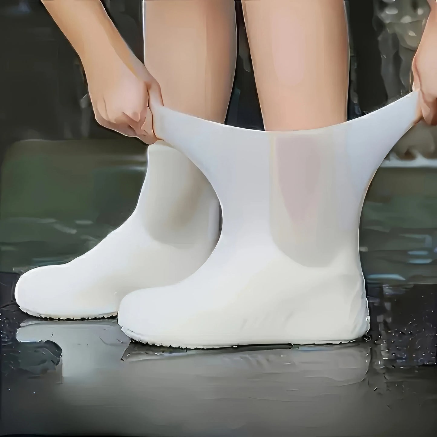 Latex Waterproof Rain Boot Shoe Cover, White — Unisex Elastic Fit