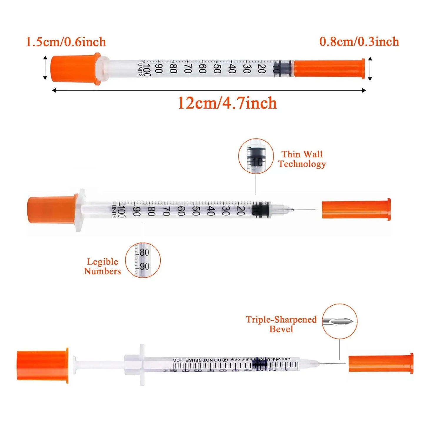 30PACK 0.3ml 0.5ml 1ml Disposable Individually Wrapped Insulin Syringe for Animals,Lab
