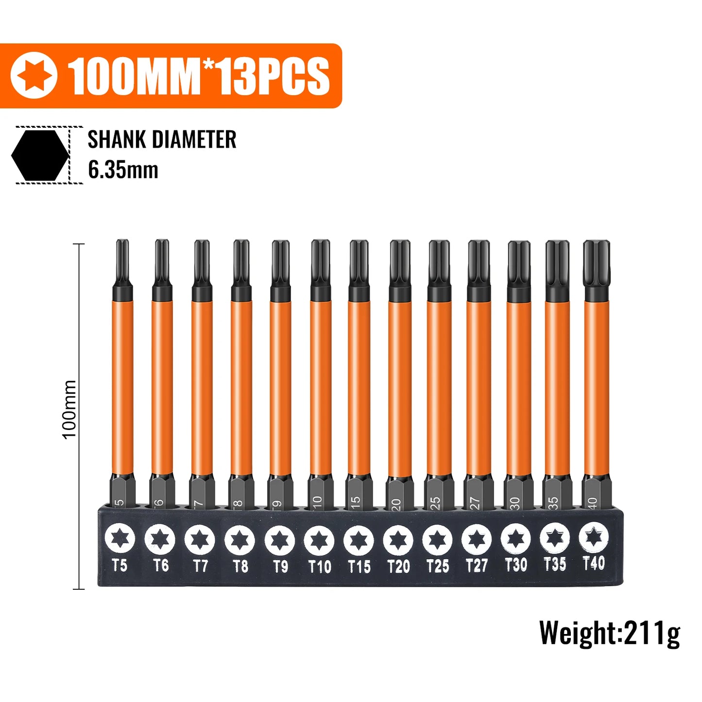 Torx Screwdriver Bits Set Individual Bits T5-T40 75/100/150mm Lengths Strong Magnetism High Hardness S2 Alloy Steel 1/4Hex Shank