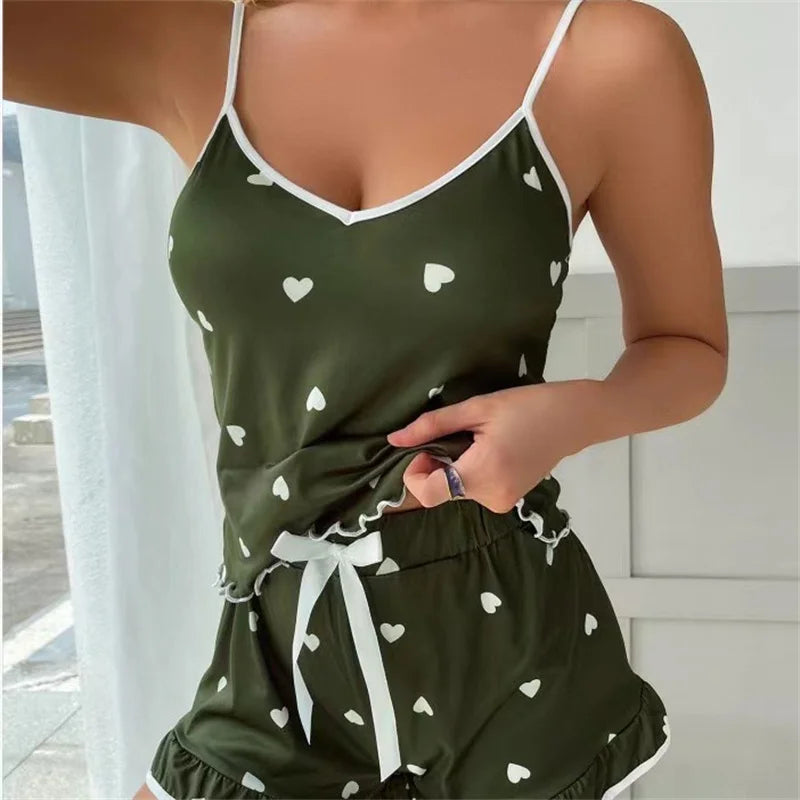2026 Summer Pajama Set Large Size Vest Shorts Women's Suspenders Soft Casual Cute Printed Women pajamas set