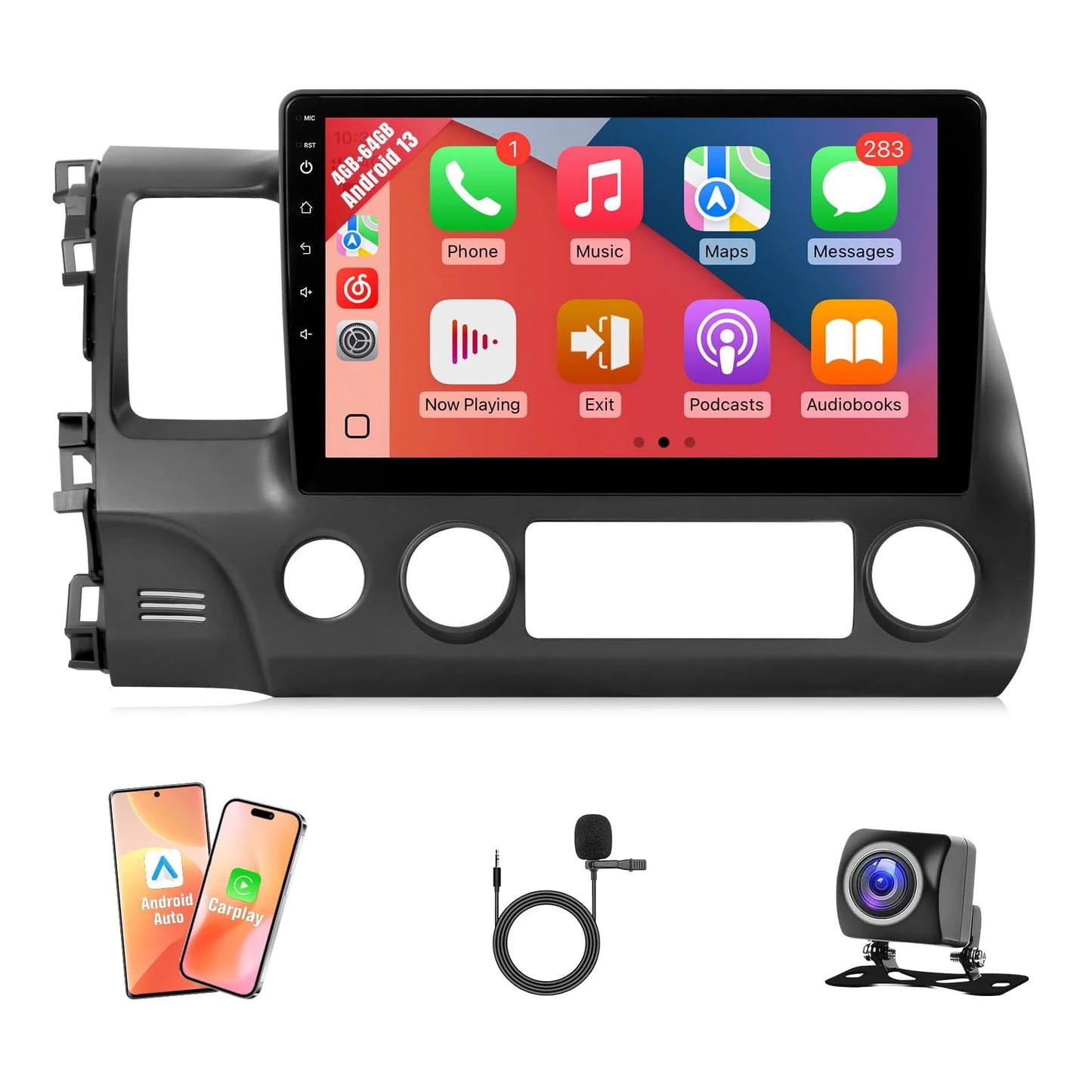 8 Core 4G+64G Car Radio for Honda Civic 2006-2011 Stereo with Wireless Carplay Android Auto, 10.1'' Touchscreen for Honda Civic GPS Navigation Bluetooth WiFi SWC Rear Camera Split Screen