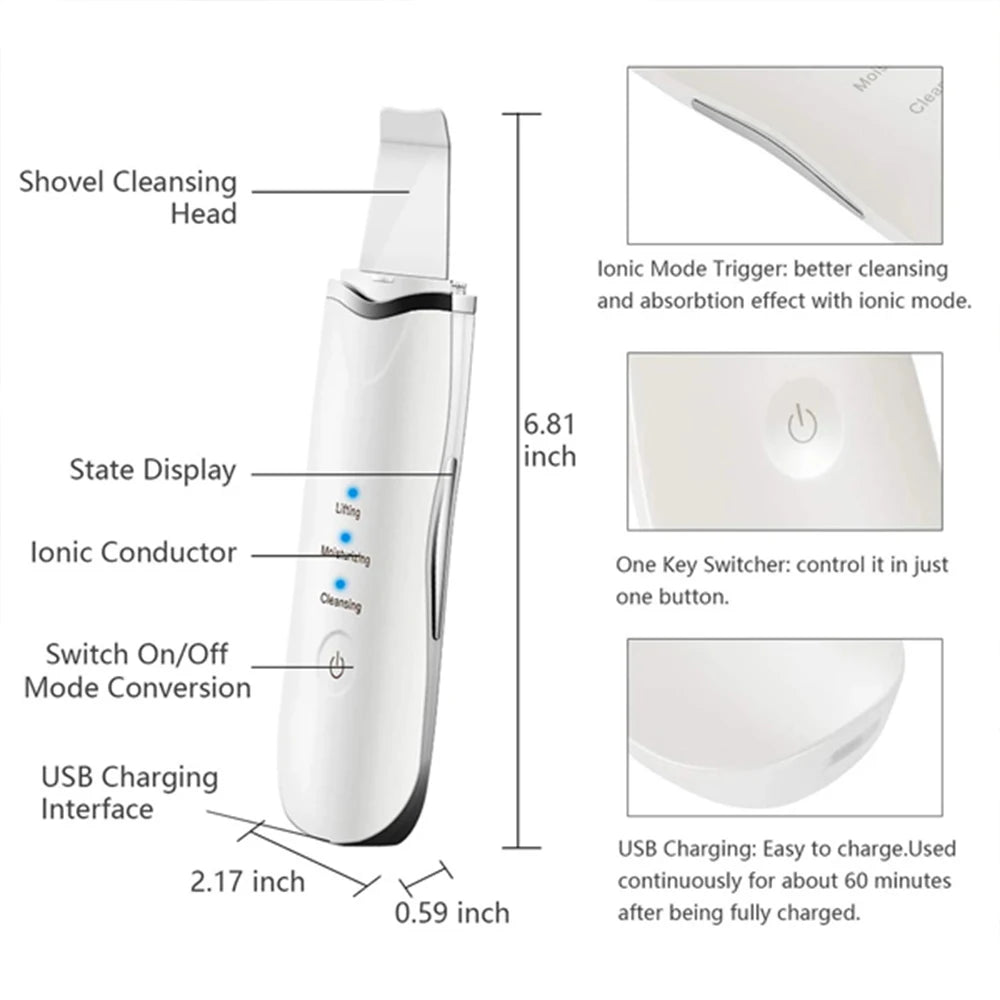 3-in-1 Ultrasonic Skin Scrubber Deep Vibrate Facial Cleaner Shovel Face Scrubber Peeling Black Head Remover Facial Massager