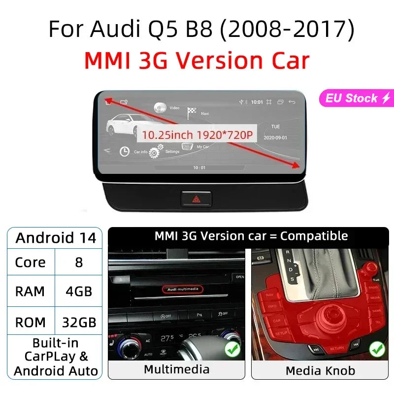 12.3 Android 14 System Car Radio Stereo For Audi Q5 8R 2008-2017 WiFi 4G LTE 8+128GB CarPlay BT IPS Touch Screen GPS