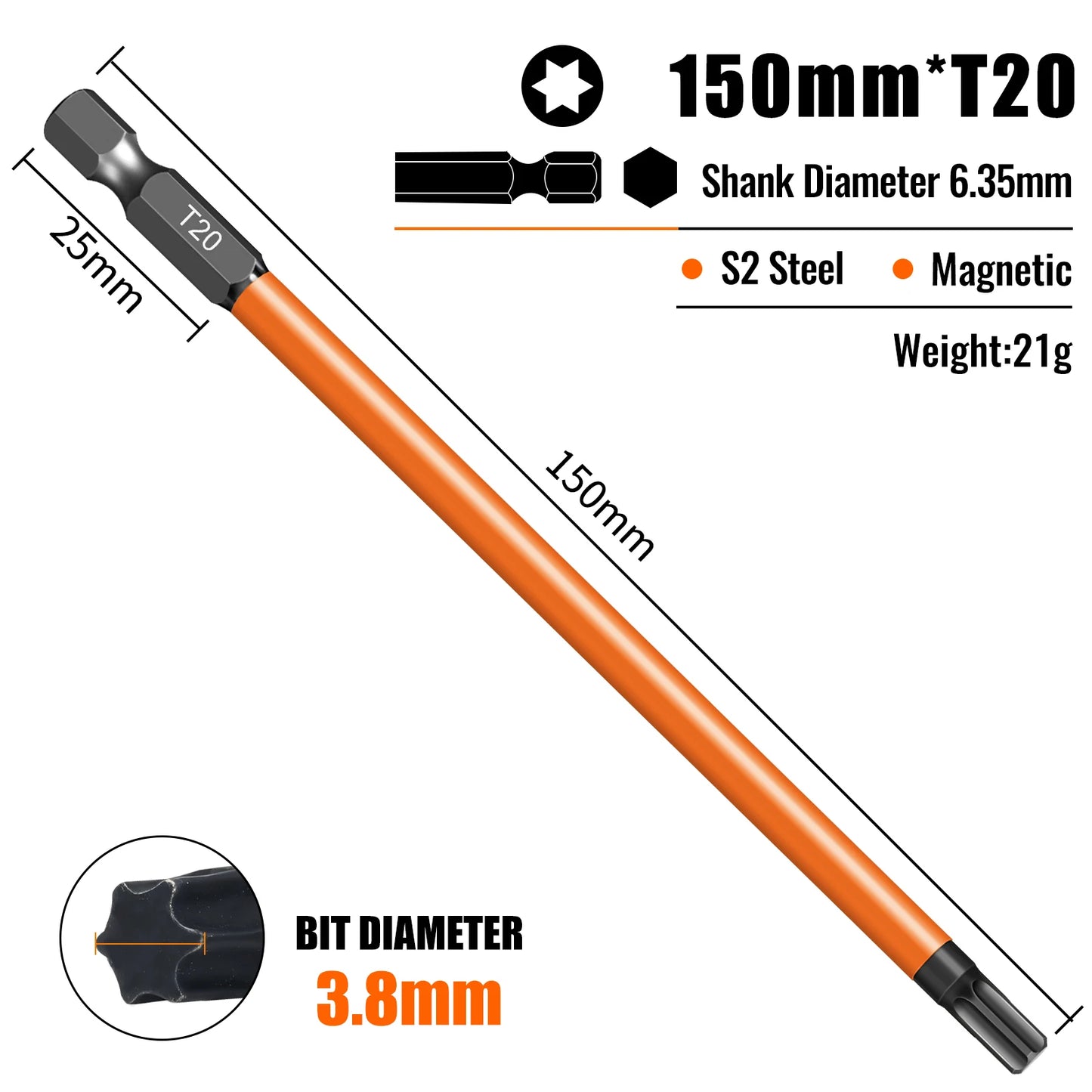 Torx Screwdriver Bits Set Individual Bits T5-T40 75/100/150mm Lengths Strong Magnetism High Hardness S2 Alloy Steel 1/4Hex Shank
