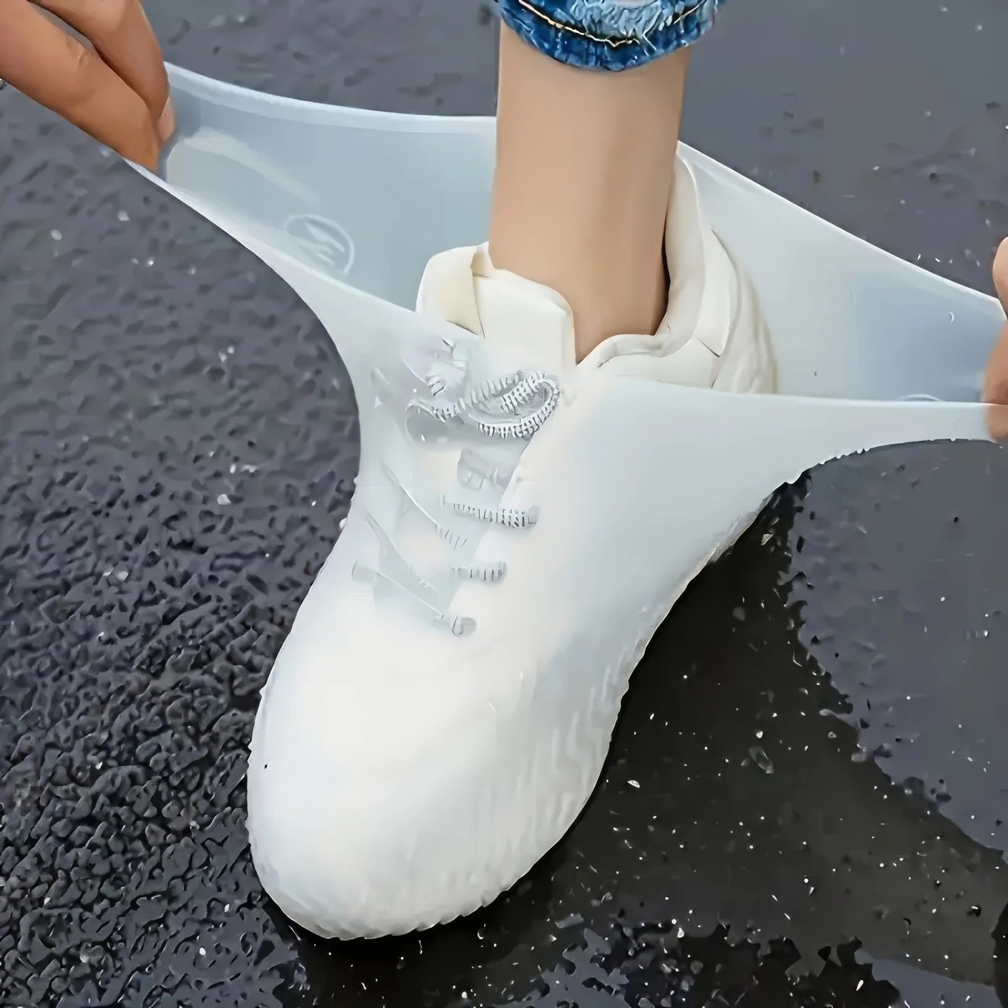 Latex Waterproof Rain Boot Shoe Cover, White — Unisex Elastic Fit