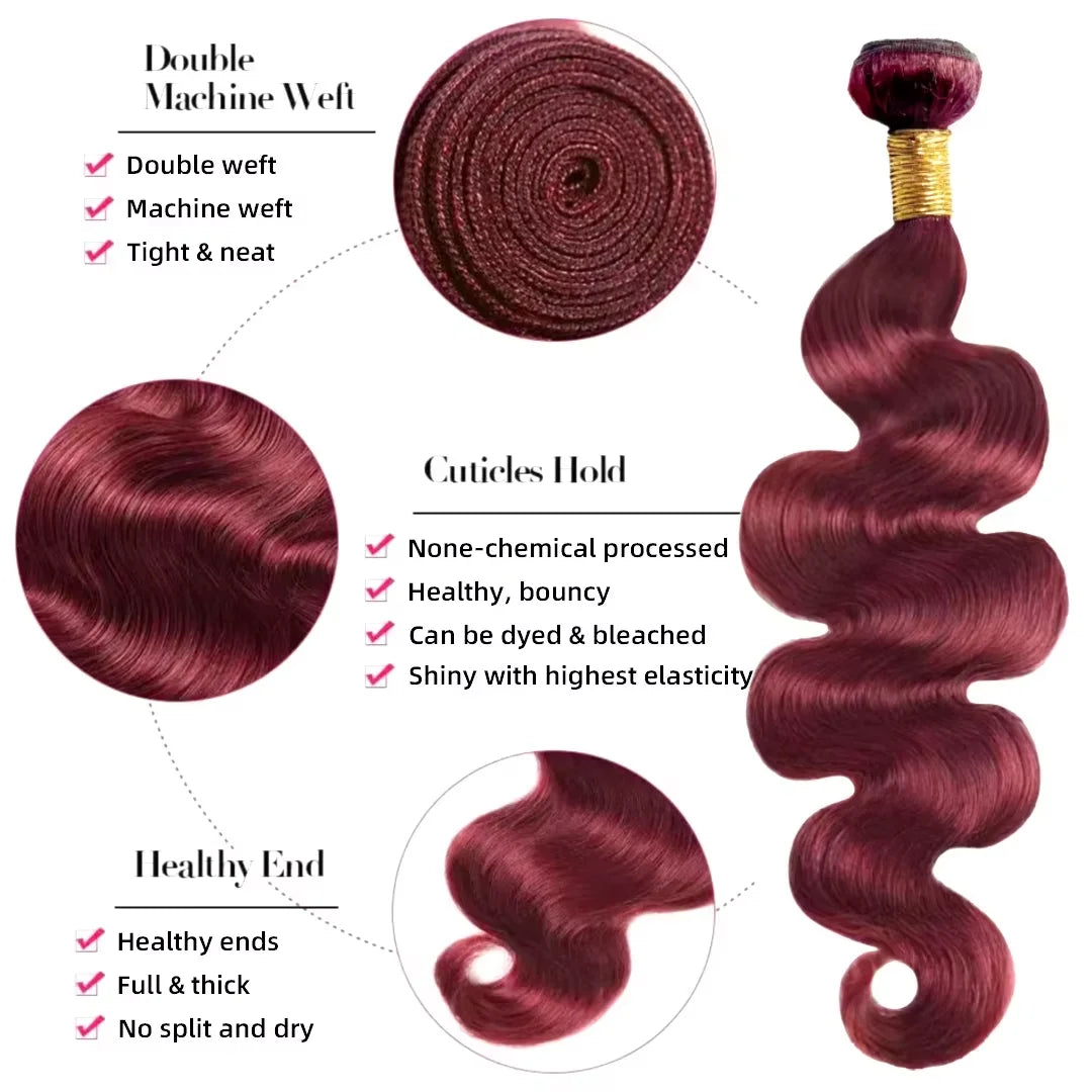 30 Inch Burgundy 99J Body Wave Bundles Colored Wine Human Hair Bundles With Closure Brazilian Remy Virgin Hair Weave Extensions