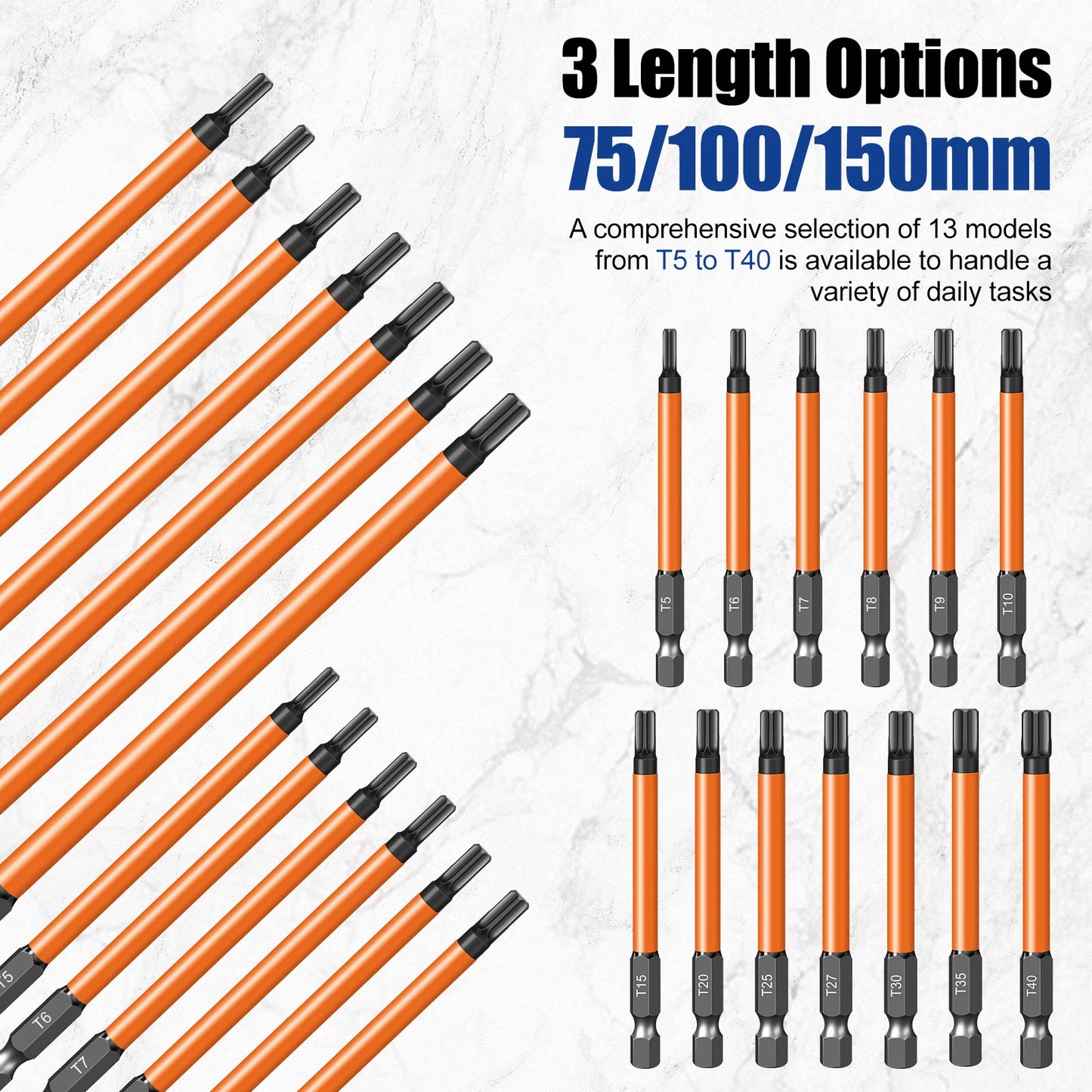 Torx Screwdriver Bits Set Individual Bits T5-T40 75/100/150mm Lengths Strong Magnetism High Hardness S2 Alloy Steel 1/4Hex Shank