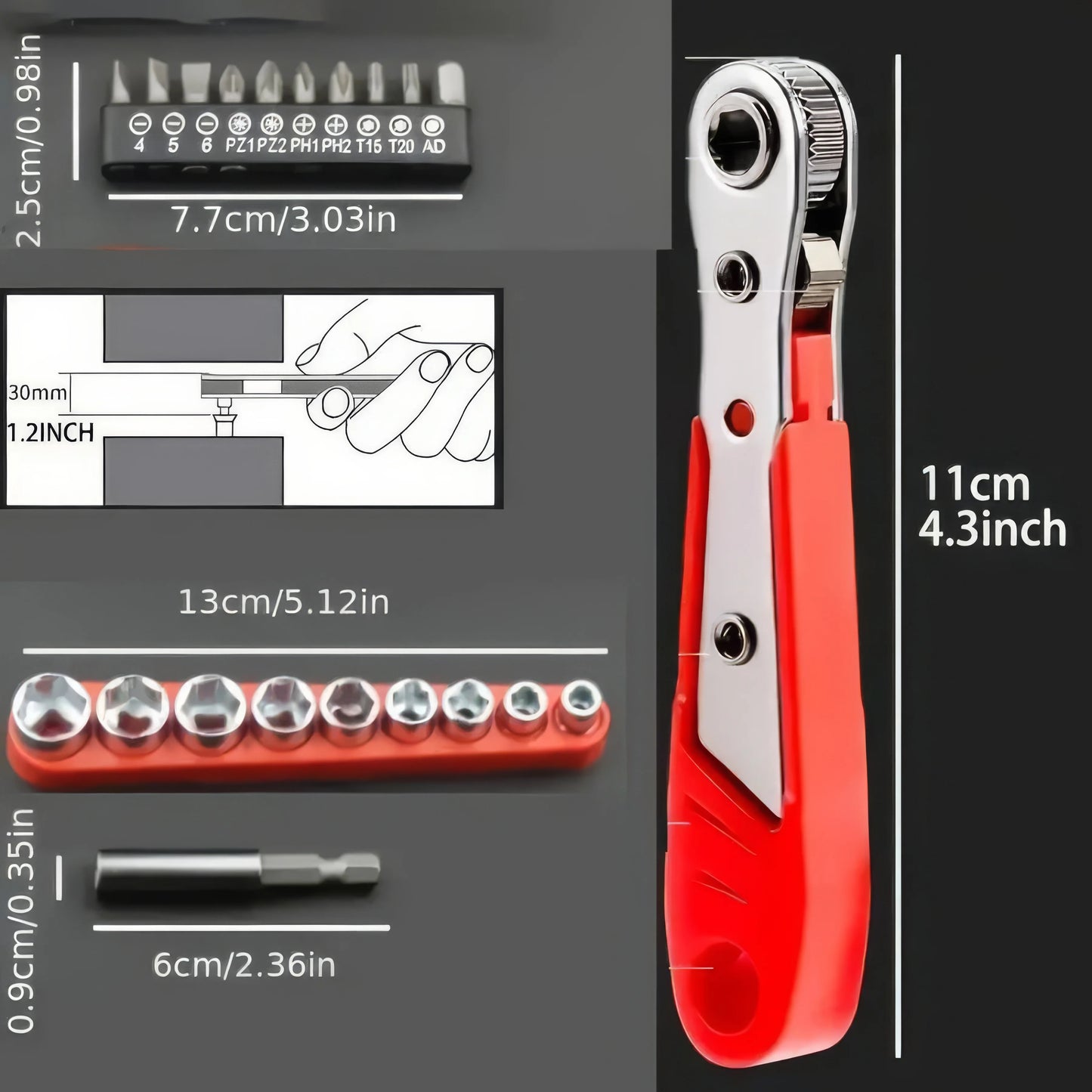 Multifunctional Screwdriver & Mini Ratchet Wrench Set, Red — 3-Set for Furniture Installation