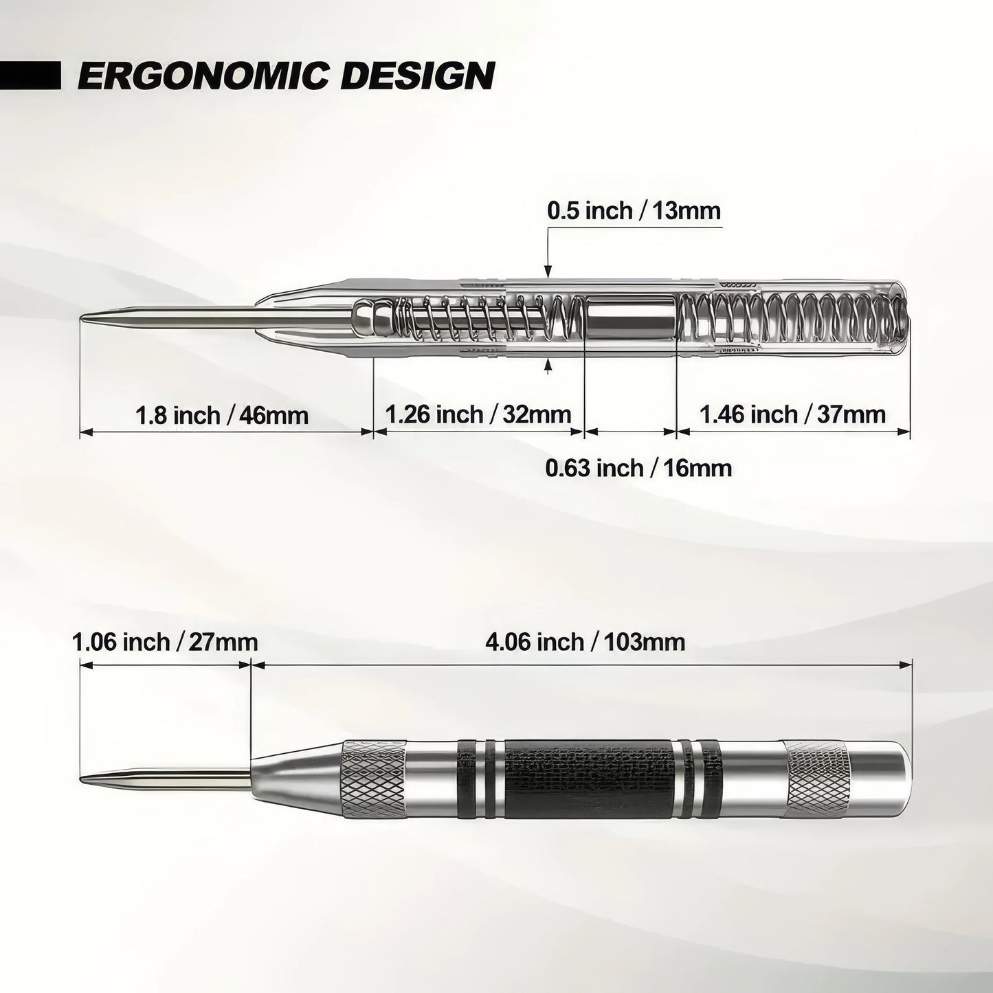 1/2 Automatic Center Punch Silver, Durable Spring Mechanism, Precise Drilling, Suitable for Construction and Workshop
