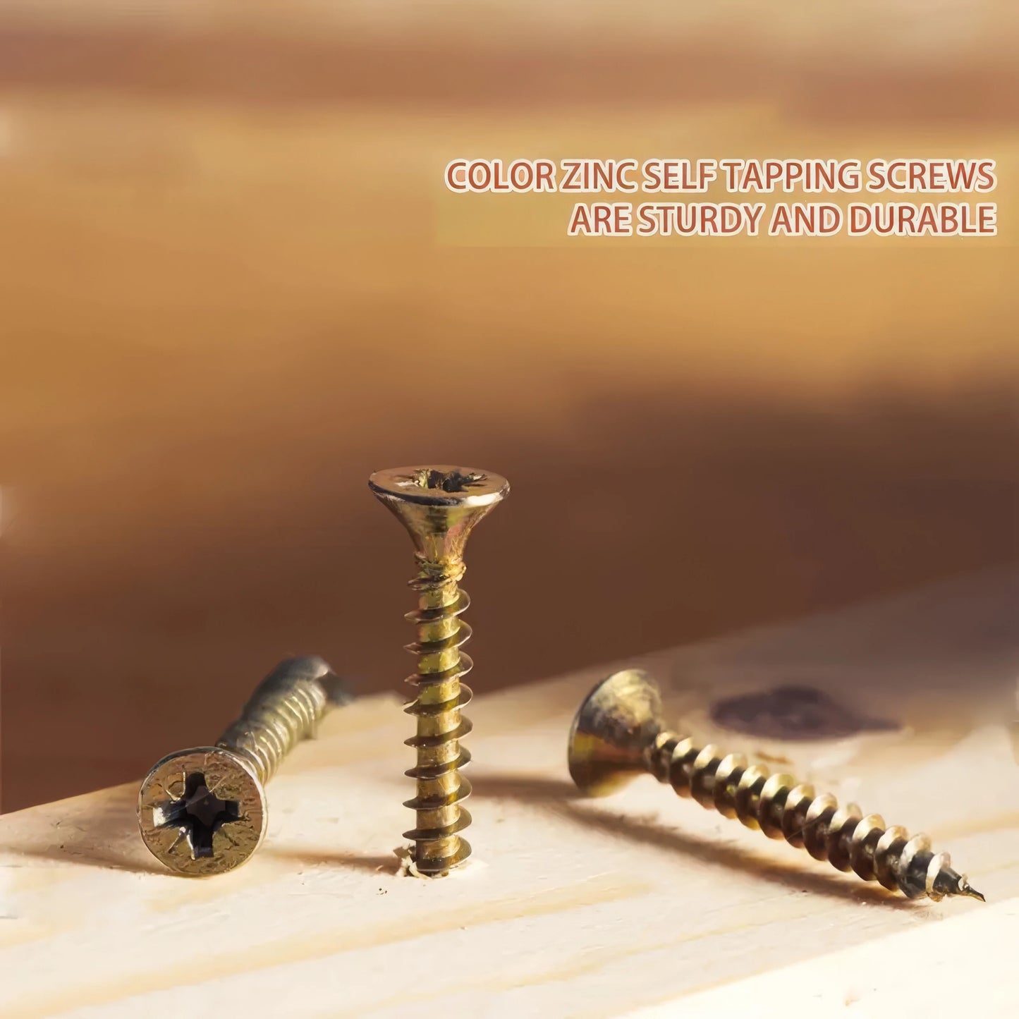 50/100 Self Tapping Screws in Golden Yellow, with A Flat Head Design, Suitable for Fences, Decks, and Wooden Stakes