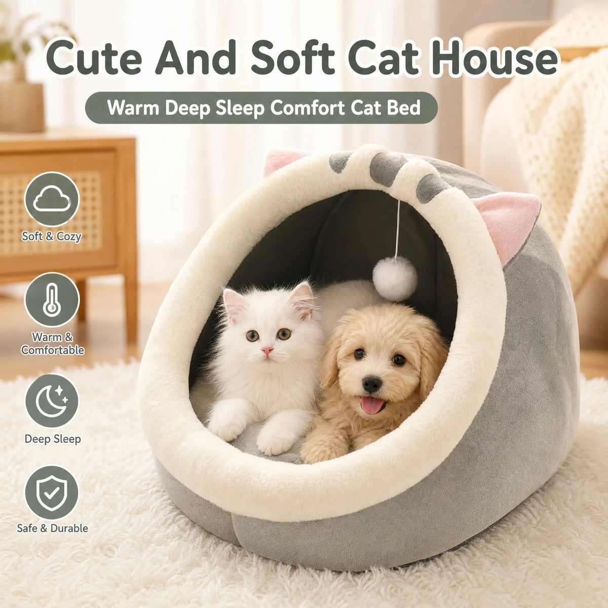 Cat Tent Bed with Removable Cushion - Cozy Cave House for Small Pets