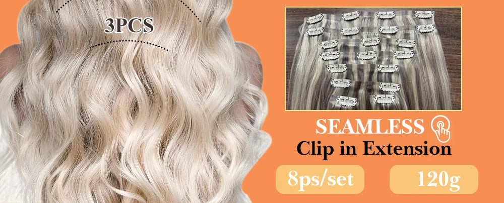 Full Shine Seamless Clip in Human Hair Extensions 8Pcs 100g&80g Pure Color Blond Hair Pu Clip on Remy Extension Skin Weft
