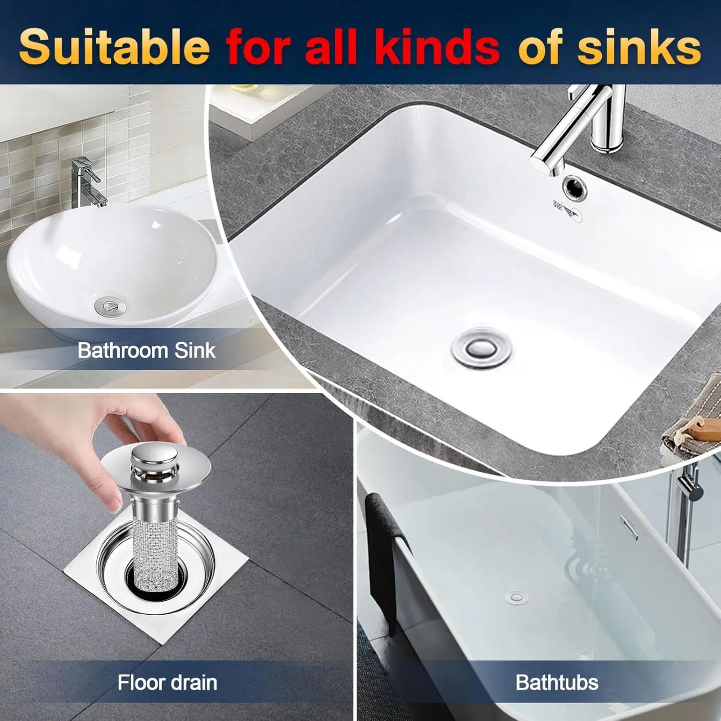 Bathroom Sink Drain Strainer - Pop-Up Filter with Removable Stainless Steel Hair Catcher & Drain Stopper for US Sink Replacement