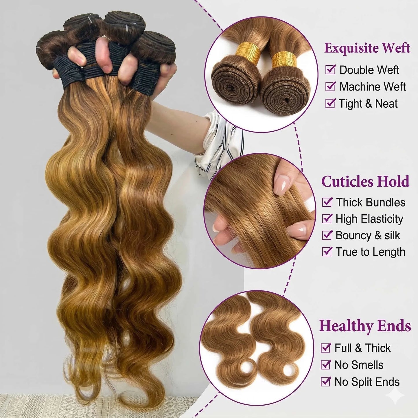 Velvet 40Inch Highlight Ombre Body Wave Bundles Human Hair Colored 4/27 Honey Blonde Brazilian Raw Human Hair Bundles Extensions