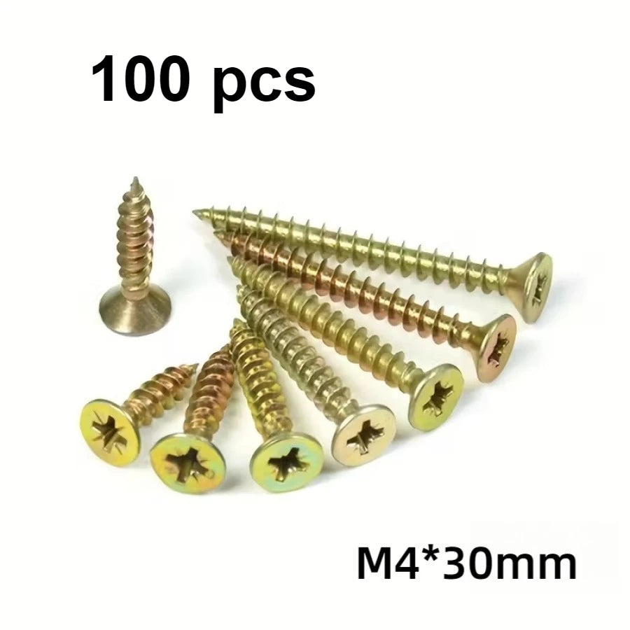 50/100 Self Tapping Screws in Golden Yellow, with A Flat Head Design, Suitable for Fences, Decks, and Wooden Stakes
