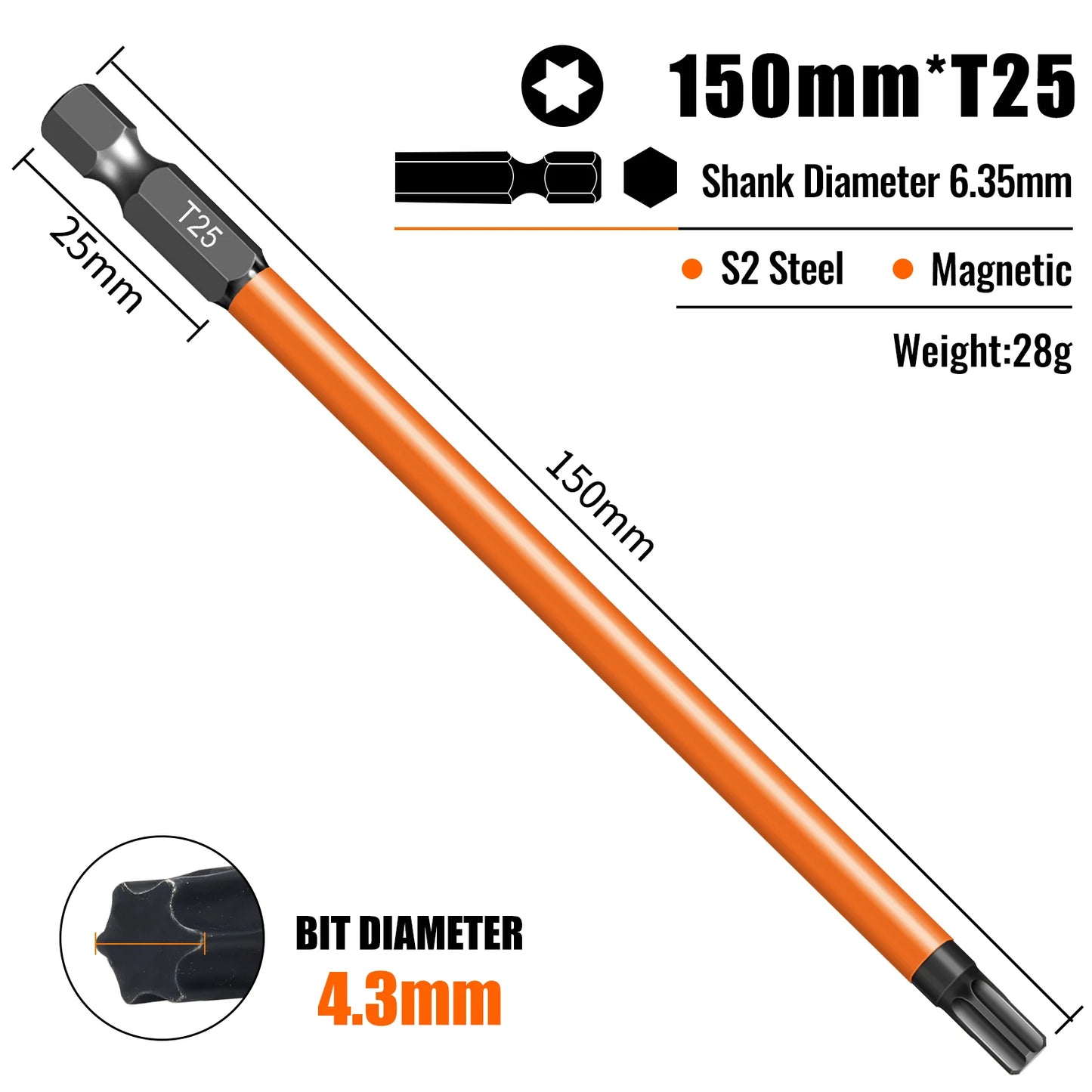 Torx Screwdriver Bits Set Individual Bits T5-T40 75/100/150mm Lengths Strong Magnetism High Hardness S2 Alloy Steel 1/4Hex Shank