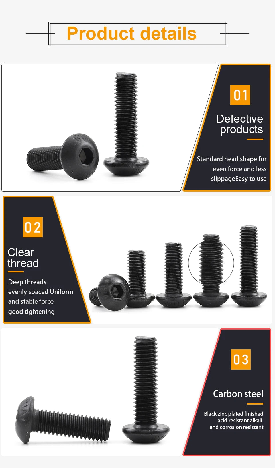 JUIDINTO 1-50pcs Allen Round Screw Bolt 12.9 Grade M2 M2.5 M3 M4 M5 M6 M8 M10 Hex Hexagon Socket Button Head Screw for MTB