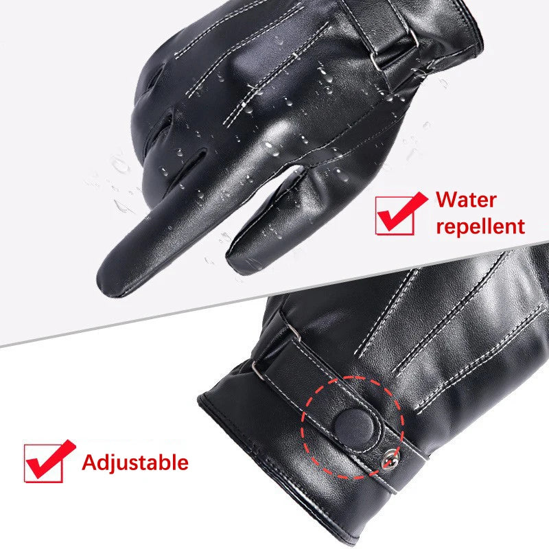 Men's Faux Leather Winter Gloves - Button Cuff Windproof Gloves - photo 6