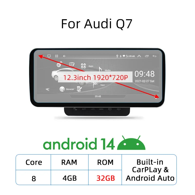 Nunoo Android 14 CarPlay Car Radio Player For Audi A4 A5 A6 Q7 MMI 2G Basic Red Screen GPS Navi Multimedia Stereo WiFi