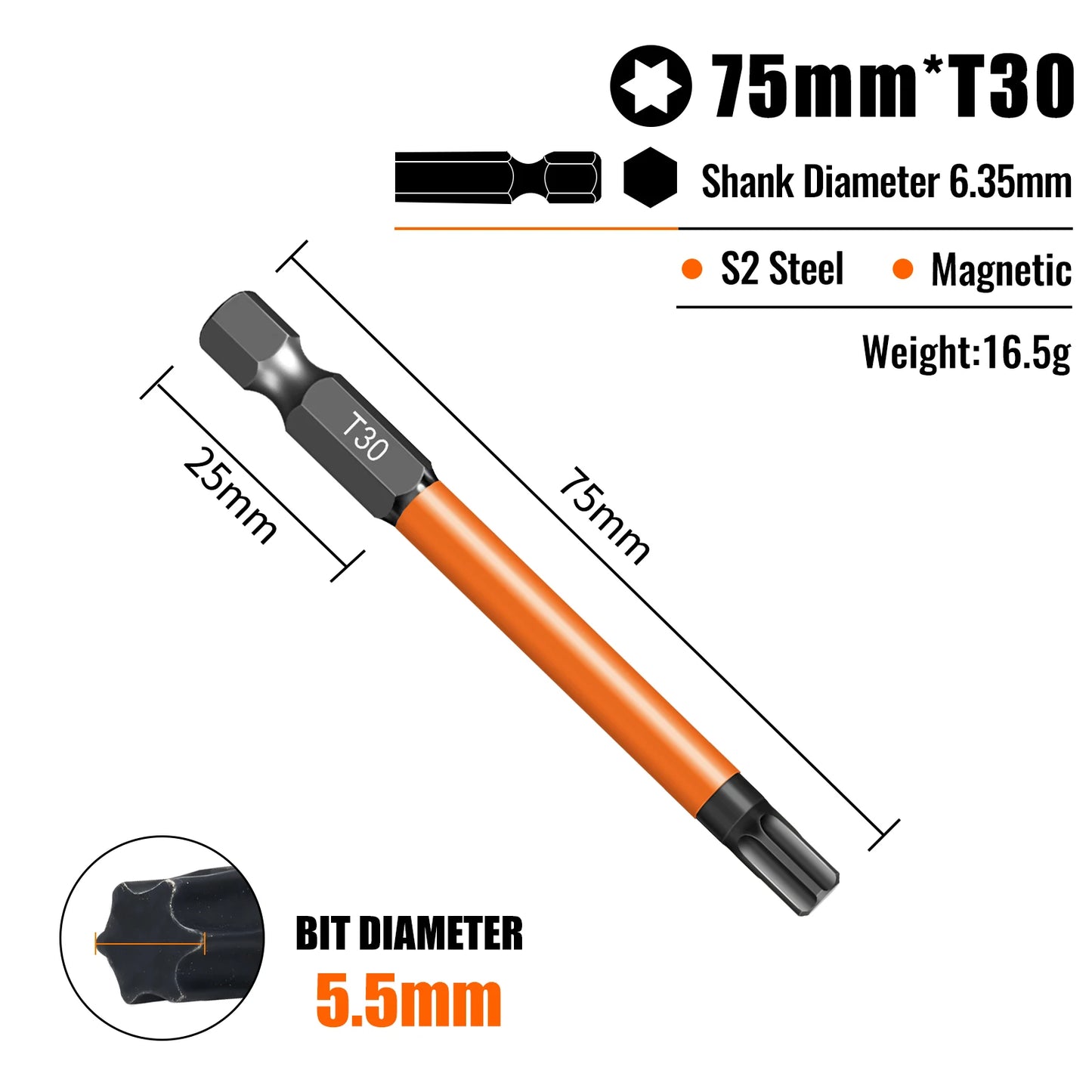 Torx Screwdriver Bits Set Individual Bits T5-T40 75/100/150mm Lengths Strong Magnetism High Hardness S2 Alloy Steel 1/4Hex Shank