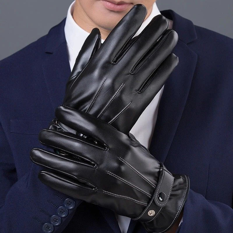 Men's Faux Leather Winter Gloves - Button Cuff Windproof Gloves - photo 4