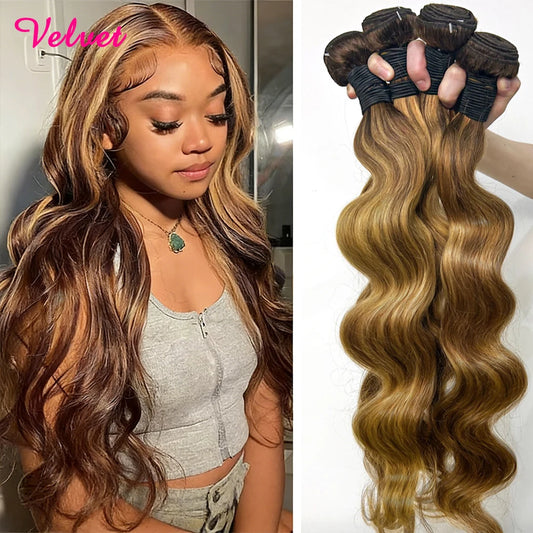 Velvet 40Inch Highlight Ombre Body Wave Bundles Human Hair Colored 4/27 Honey Blonde Brazilian Raw Human Hair Bundles Extensions