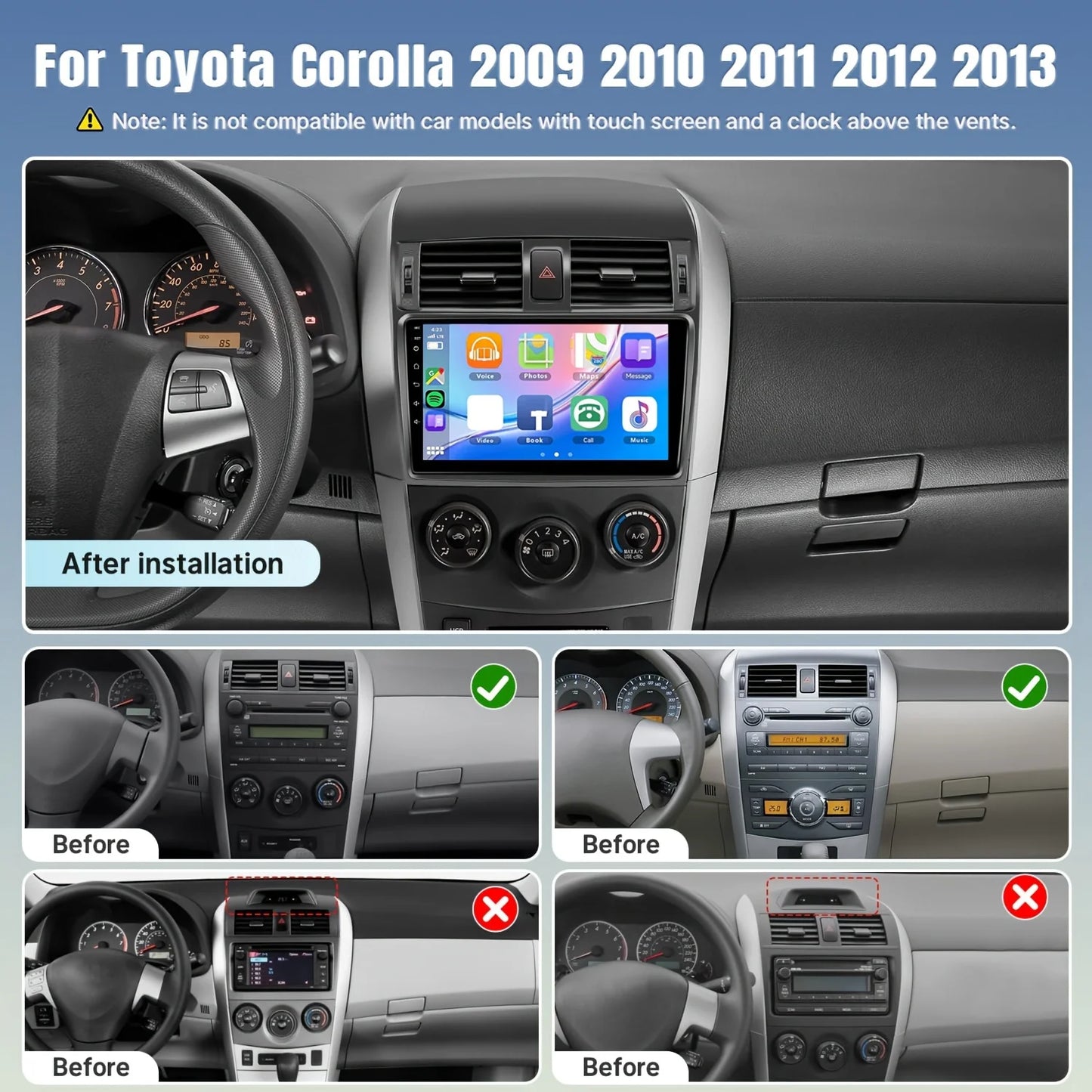 9 inch Wireless Car Radio for Toyota Corolla 2009 2010 2011 2012 2013 Support CarPlay Android Auto, 2+32G Touch Screen Car Stere