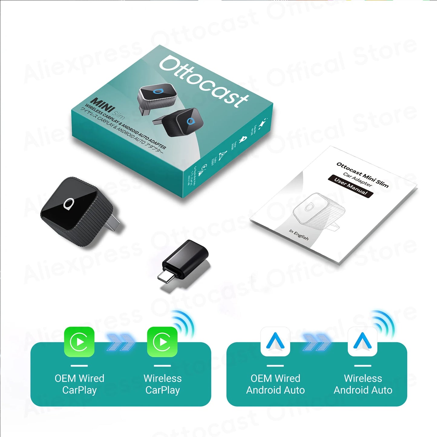OTTOCAST MINI Slim Wireless CarPlay Android Auto Adapter 2 in 1 USB Dongle Car Accessories for VW Toyota Hyundai Kia Chevrolet