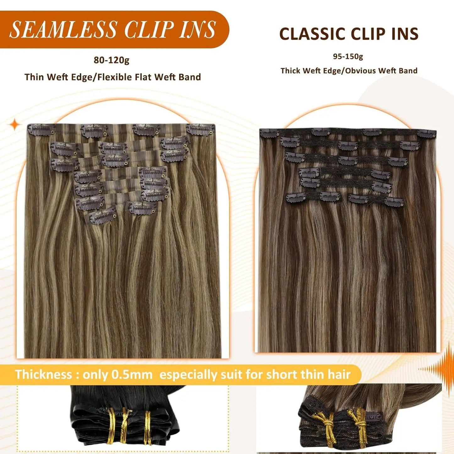 Full Shine Seamless Clip in Hair Extensions Remy Human Hair 8Pcs 120g & 80g Clip In Hair Extensions Human Hair Blonde Skin Weft