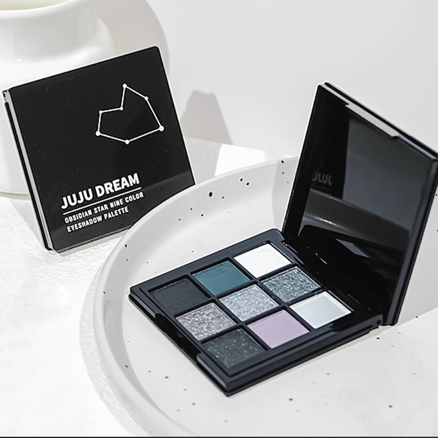 JUJU Dream 9-Shade Smoky Eyeshadow Palette – Black Swan | Dark Black, Grey, Silver Glitter & Matte Finish | Long-Lasting