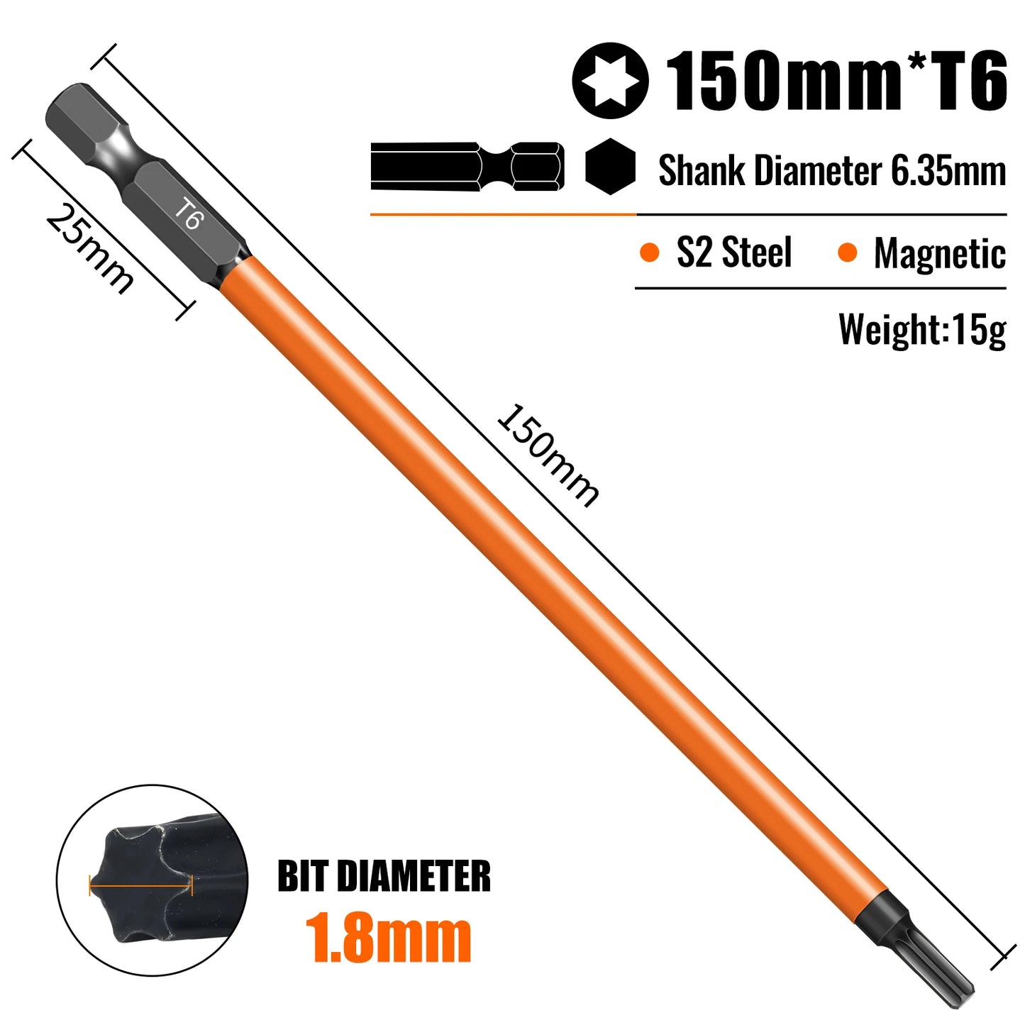 Torx Screwdriver Bits Set Individual Bits T5-T40 75/100/150mm Lengths Strong Magnetism High Hardness S2 Alloy Steel 1/4Hex Shank