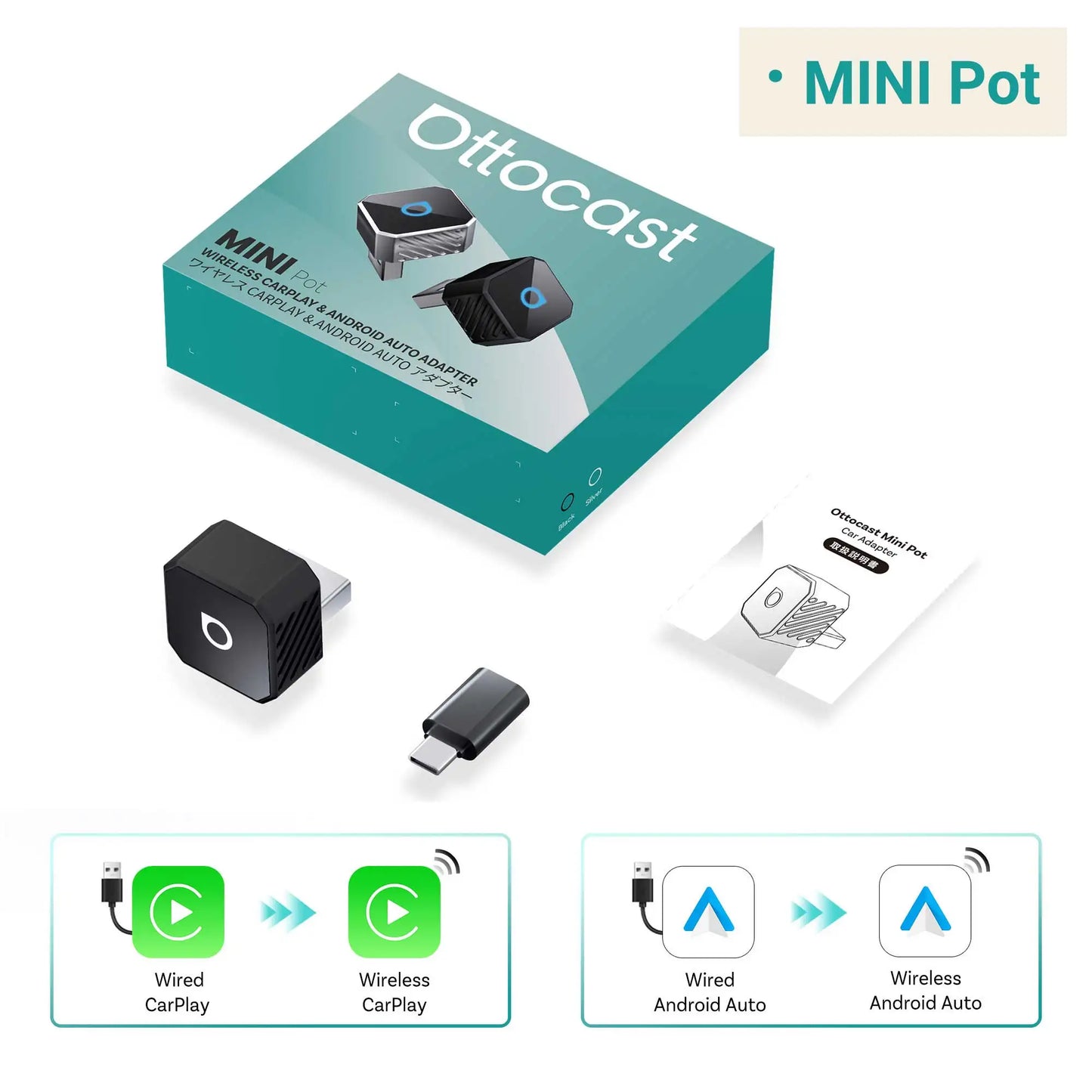 OTTOCAST Mini Slim Cube Wireless CarPlay Android Auto Adapter 2 in 1 USB AI Car Accessories for VW Haval Audi Kia Porsche Lexus