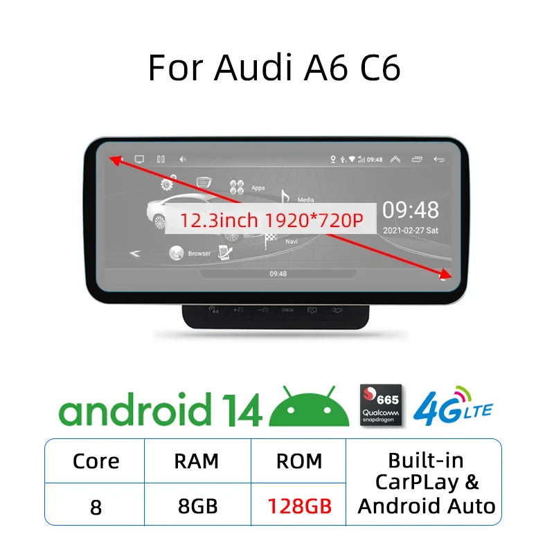 Nunoo Android 14 CarPlay Car Radio Player For Audi A4 A5 A6 Q7 MMI 2G Basic Red Screen GPS Navi Multimedia Stereo WiFi