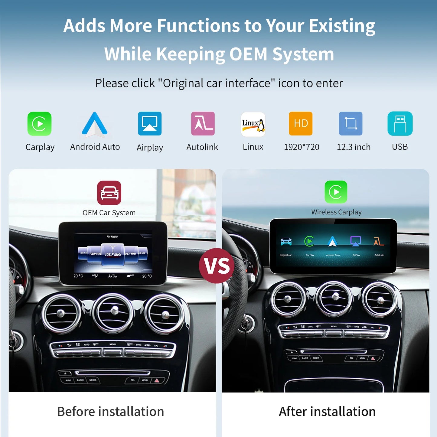12.3" Wireless CarPlay & Android Auto Screen for Mercedes-Benz NTG5.0 — GLA, CLA, GLC, W205, W176, C117, X156, W212, W167