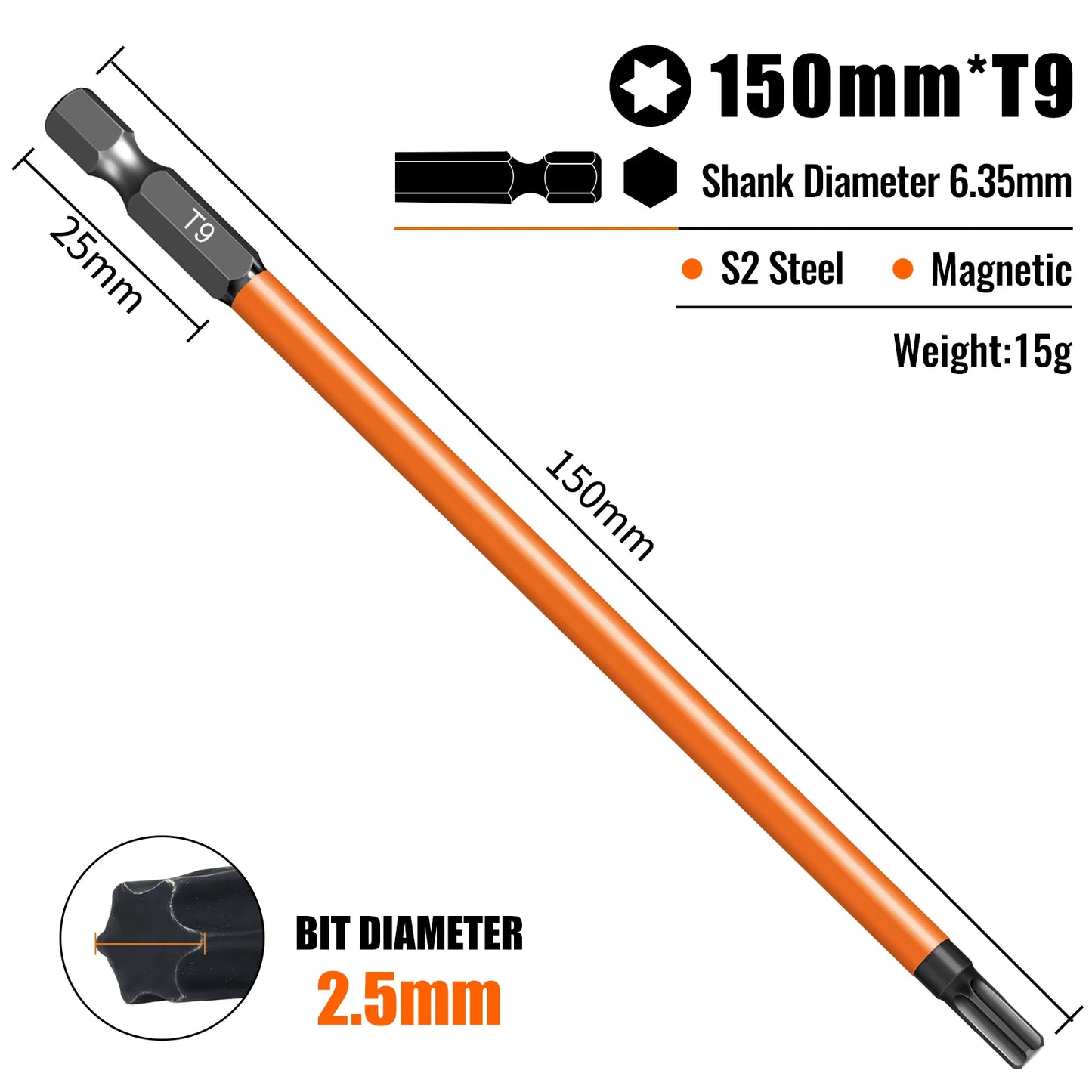 Torx Screwdriver Bits Set Individual Bits T5-T40 75/100/150mm Lengths Strong Magnetism High Hardness S2 Alloy Steel 1/4Hex Shank