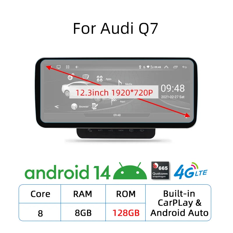 Nunoo Android 14 CarPlay Car Radio Player For Audi A4 A5 A6 Q7 MMI 2G Basic Red Screen GPS Navi Multimedia Stereo WiFi