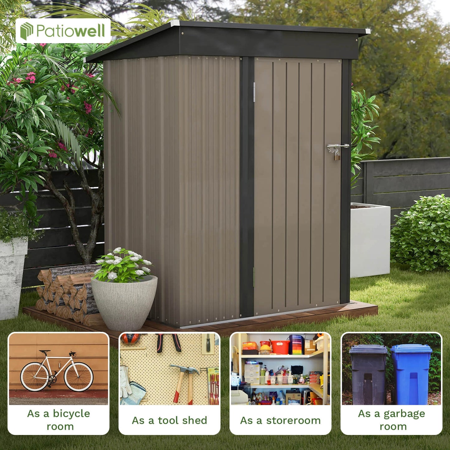 Patiowell 5x3 ft Outdoor Storage Shed – Lockable Metal Tool Shed with Sloping Roof for Backyard