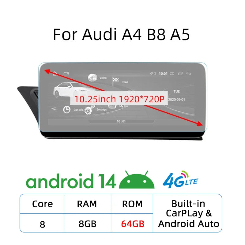 Nunoo Android 14 CarPlay Car Radio Player For Audi A4 A5 A6 Q7 MMI 2G Basic Red Screen GPS Navi Multimedia Stereo WiFi