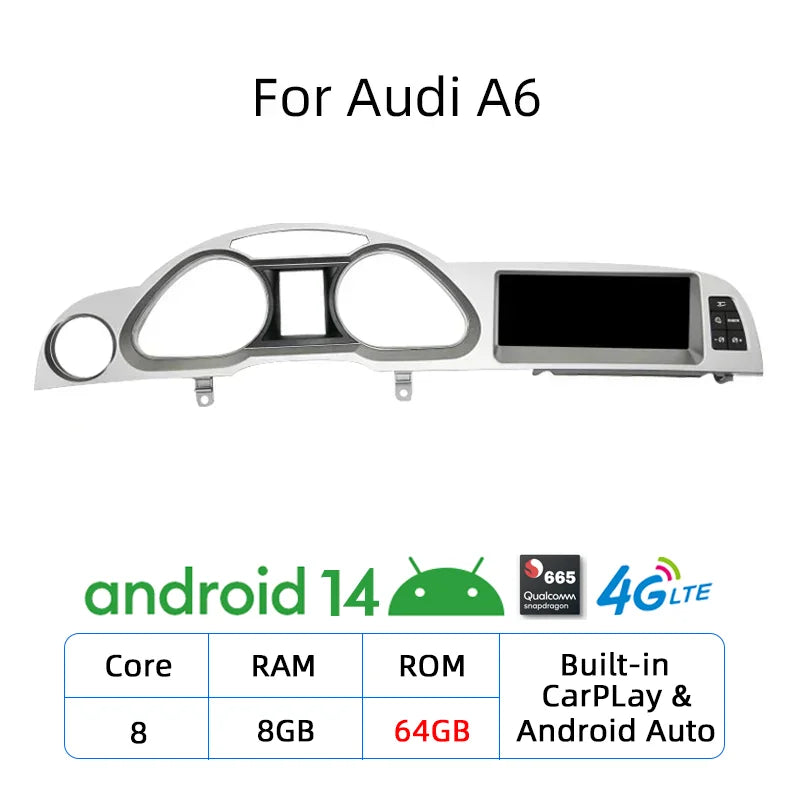 Nunoo Android 14 CarPlay Car Radio Player For Audi A4 A5 A6 Q7 MMI 2G Basic Red Screen GPS Navi Multimedia Stereo WiFi