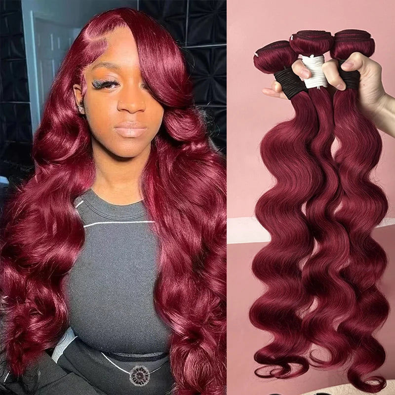 30 Inch Burgundy 99J Body Wave Bundles Colored Wine Human Hair Bundles With Closure Brazilian Remy Virgin Hair Weave Extensions