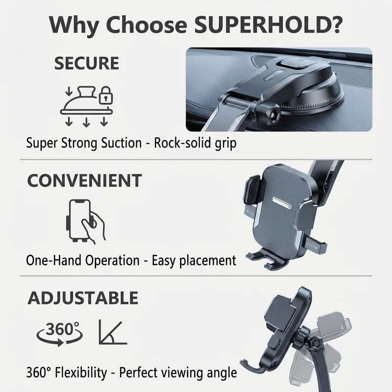 Multi-Scene Car Phone Holder - One-Click Lock, Retractable Arm, Strong Suction, 360° Rotation, Ideal for Navigation & Office Use