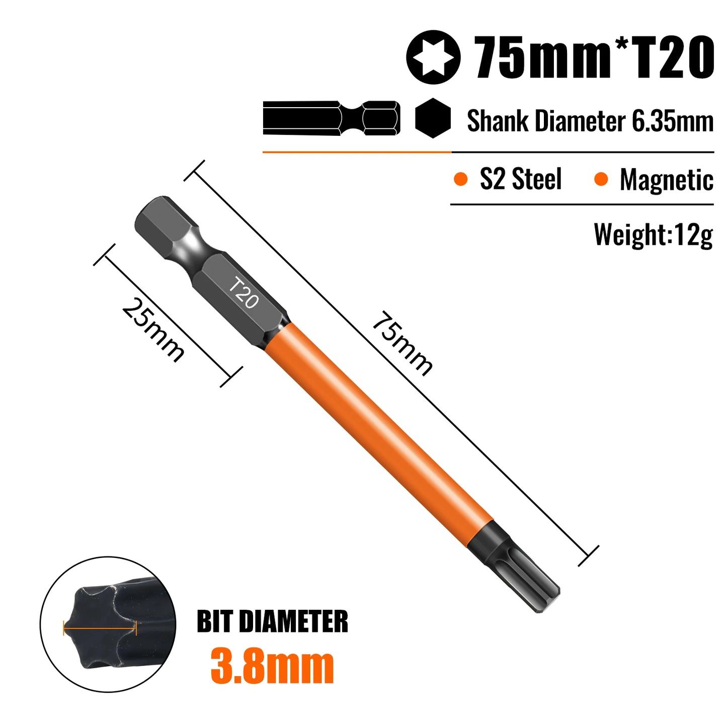 Torx Screwdriver Bits Set Individual Bits T5-T40 75/100/150mm Lengths Strong Magnetism High Hardness S2 Alloy Steel 1/4Hex Shank