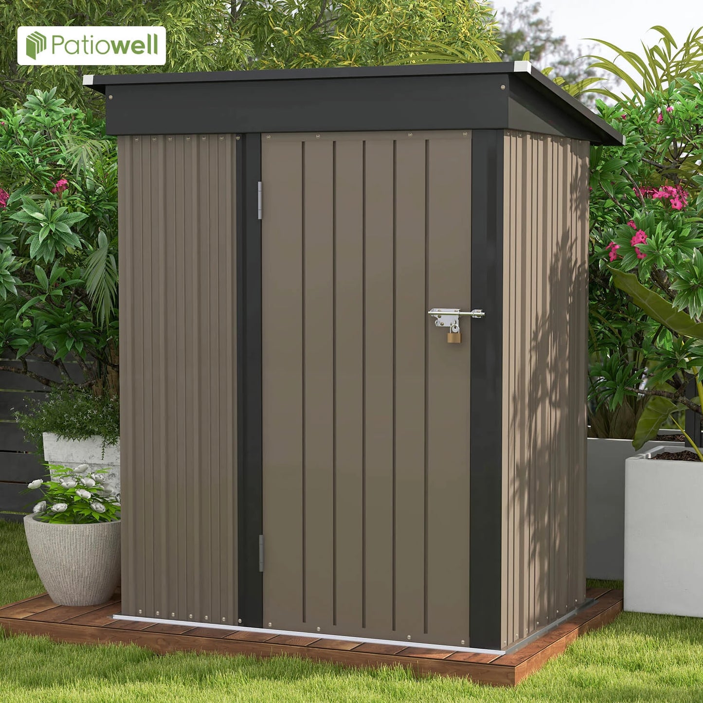 Patiowell 5x3 ft Outdoor Storage Shed – Lockable Metal Tool Shed with Sloping Roof for Backyard